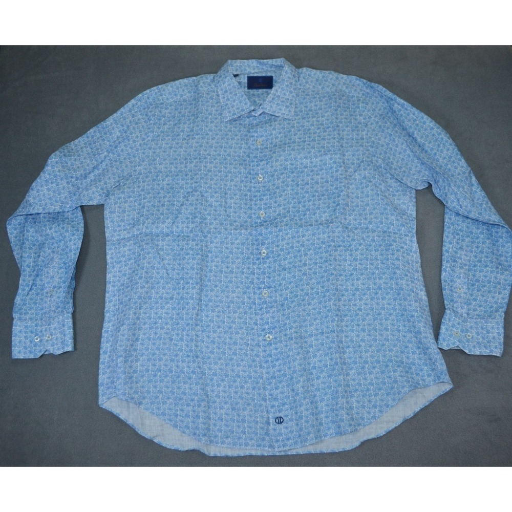David Donahue Long Sleev Shirt Mens XL 100% Linen Blue Geometric